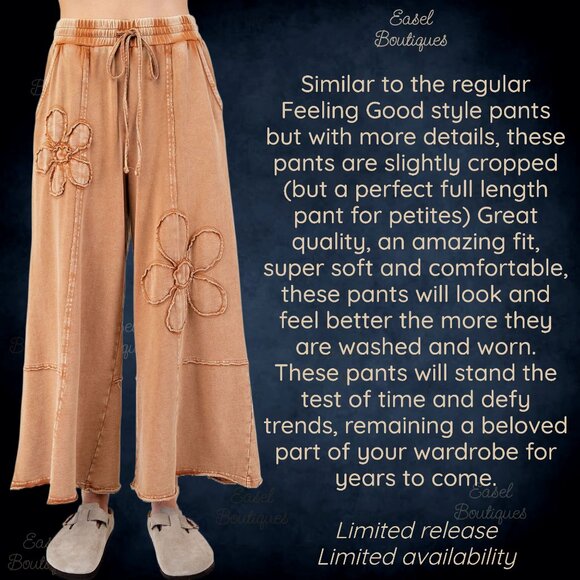 EASEL “Flower Power” Mineral Wash Pants Wide Leg Cozy Relax Fit Raw Seams, Hems - Picture 8 of 14